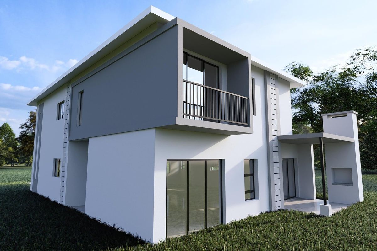 Modern townhouse exterior featuring a rear covered patio with built-in braai, upper-level balcony, and clean architectural lines set in a landscaped garden.