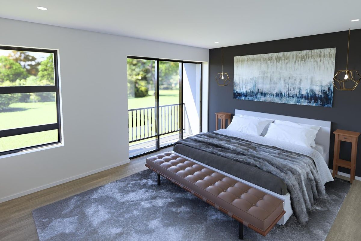 A modern, well-lit bedroom featuring a dark accent wall, laminate flooring, and a sliding glass door providing access to a private balcony.