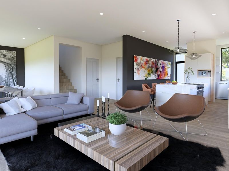 Modern open-plan living area featuring a contemporary kitchen with a central island, integrated appliances, and seamless flow to the dining and lounge spaces.