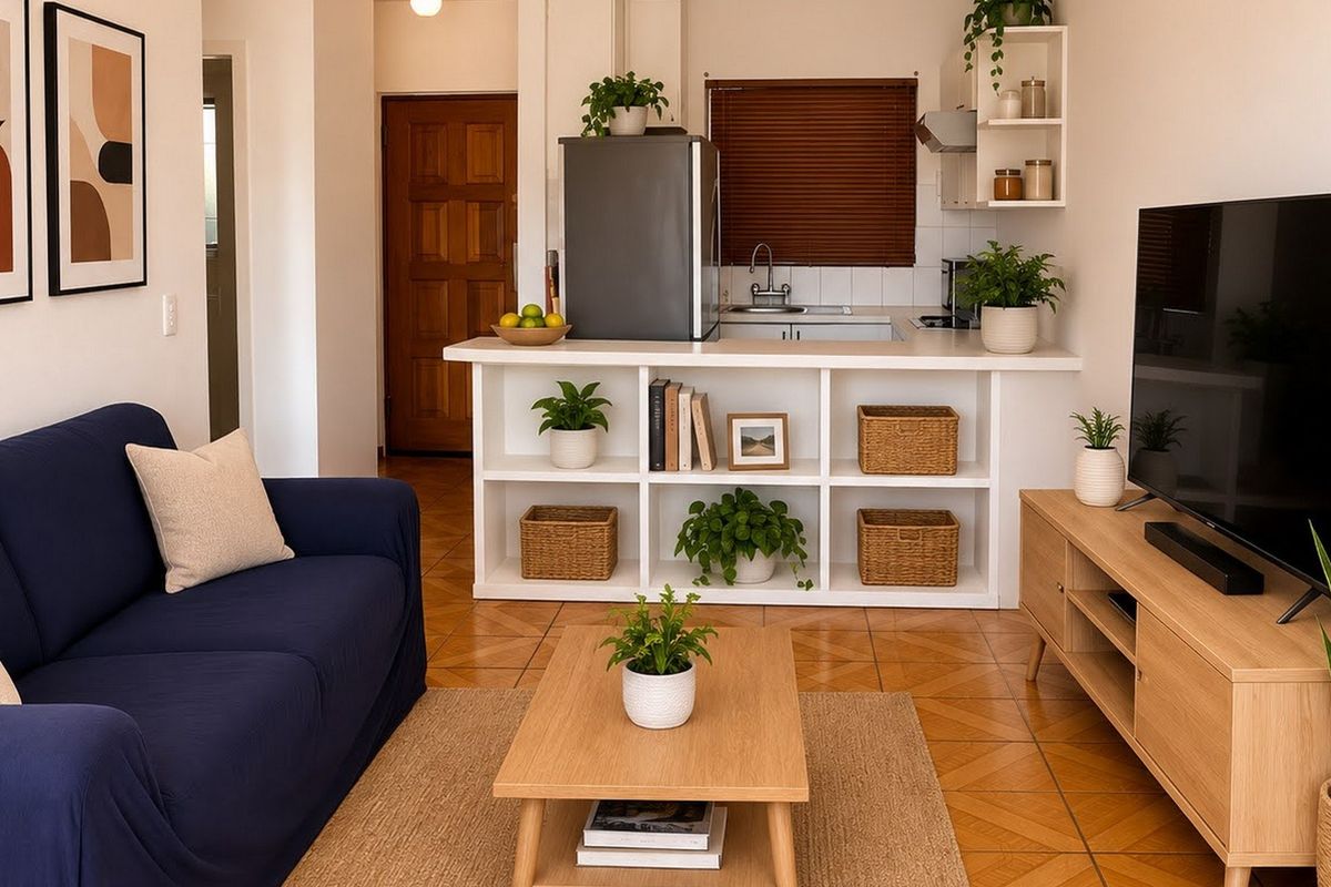 Open-plan living area featuring tiled flooring, a compact kitchen with built-in cabinetry, and direct access to the main entrance.