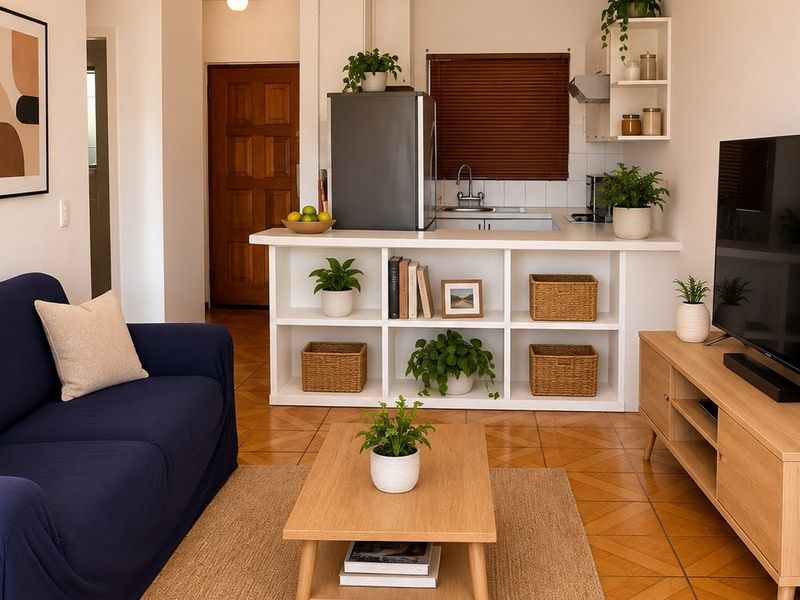 Open-plan living area featuring tiled flooring, a compact kitchen with built-in cabinetry, and direct access to the main entrance.