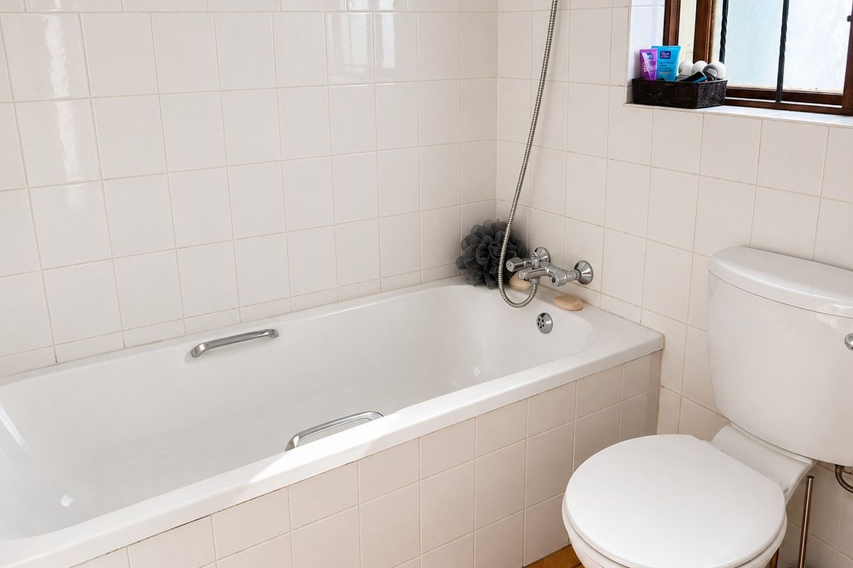 A functional bathroom featuring a standard bathtub with shower mixer, a toilet, and white wall tiling.