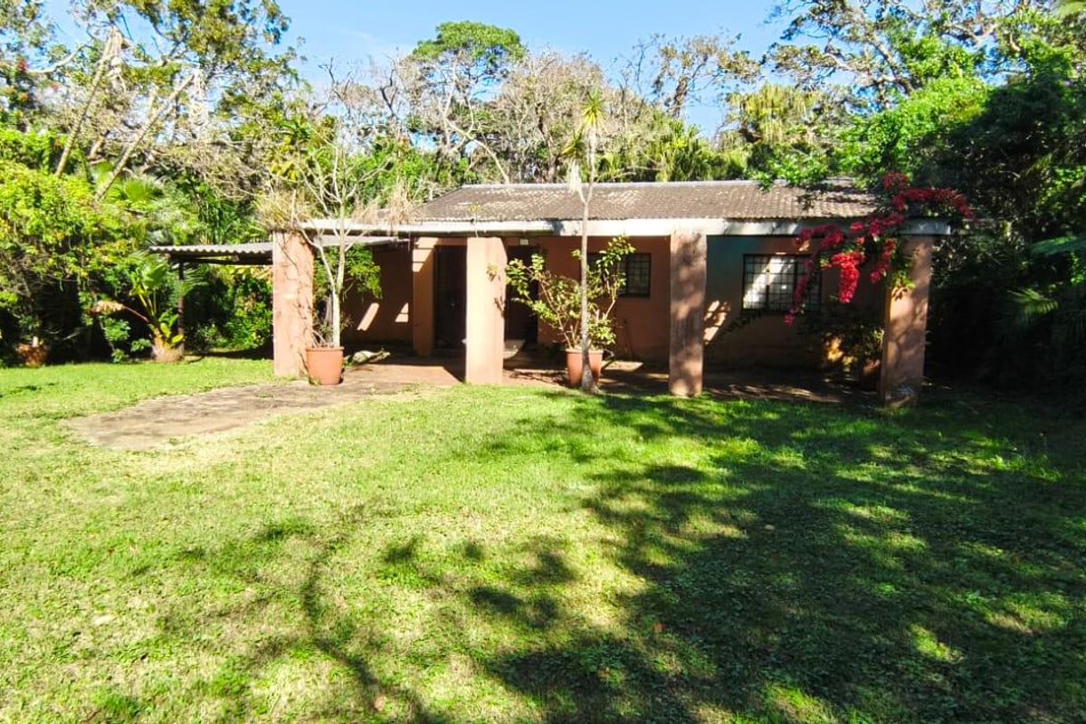 A rear view of the property featuring a covered patio area, concrete pillars, and a large surrounding garden with mature trees.