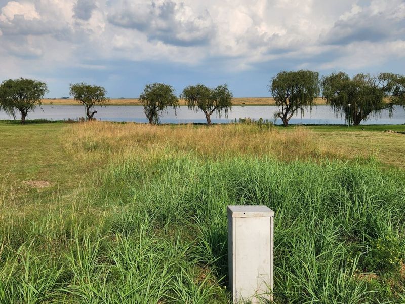 A scenic view of a vacant residential plot featuring natural grass, mature trees, and direct lake frontage with an existing electrical utility connection.