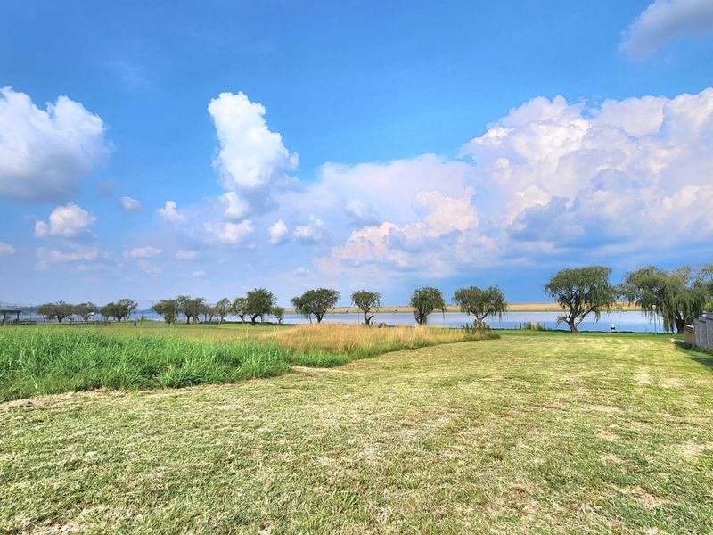 A scenic view of a vacant residential plot featuring open grassland, mature trees, and direct waterfront access under a clear blue sky.