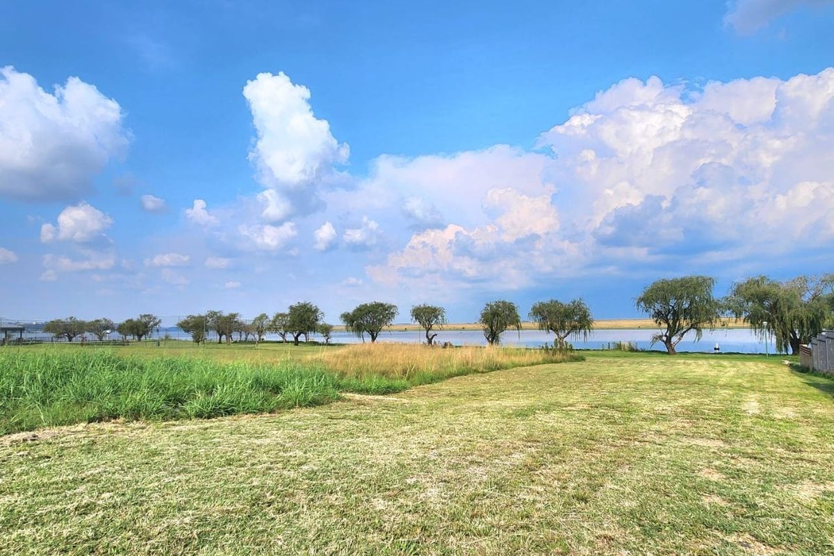 A scenic view of a vacant residential plot featuring open grassland, mature trees, and direct waterfront access under a clear blue sky.