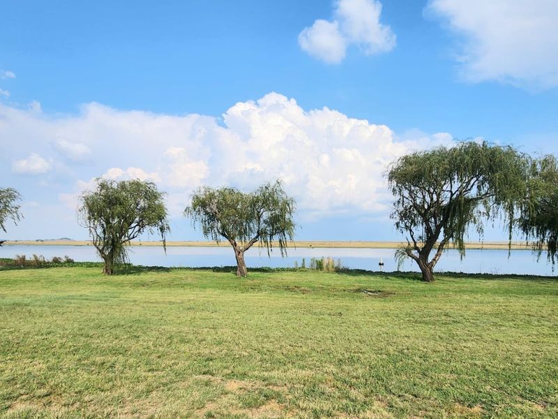 A scenic view of a tranquil waterfront landscape featuring mature trees and open green space, ideal for residential development.
