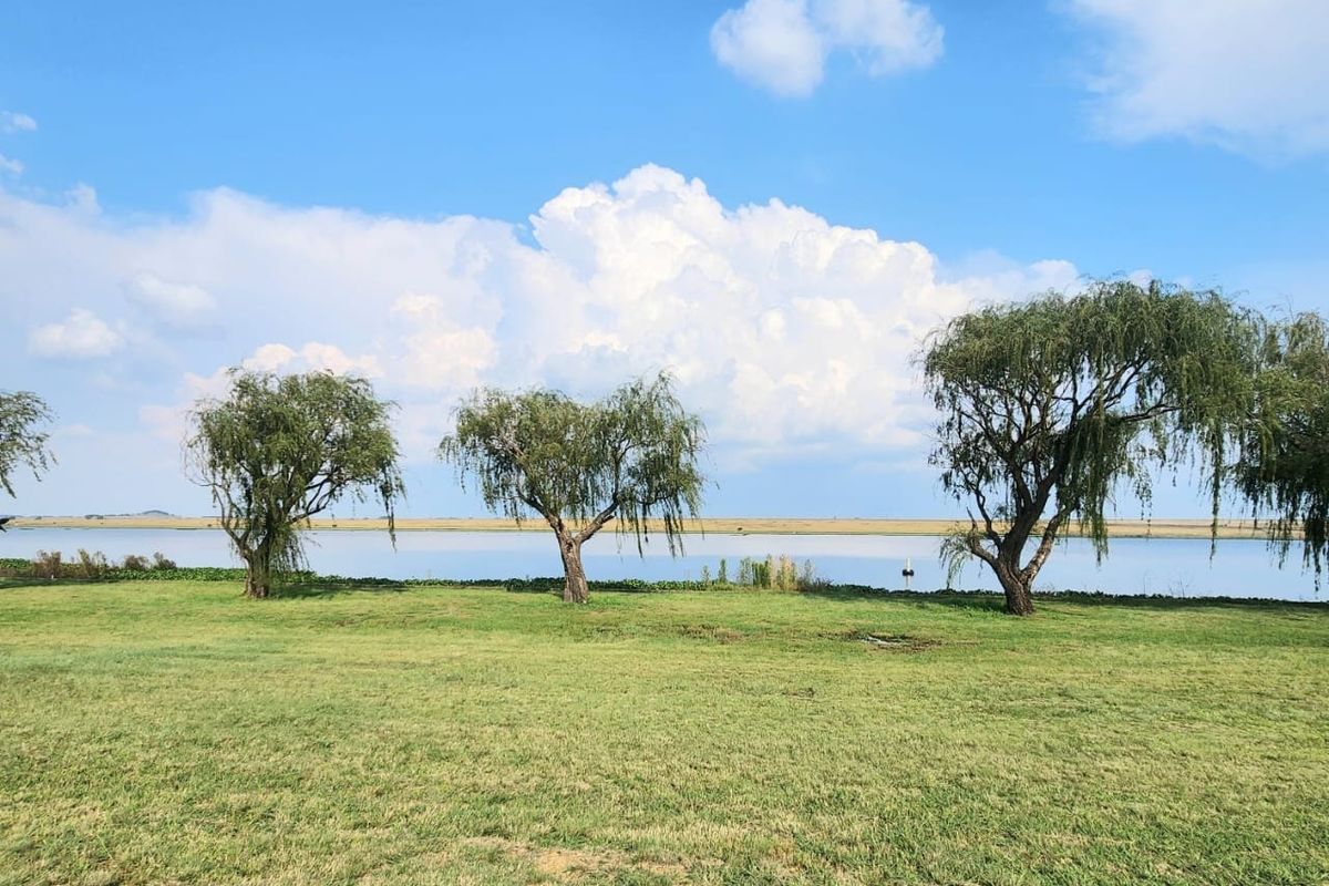 A scenic view of a tranquil waterfront landscape featuring mature trees and open green space, ideal for residential development.