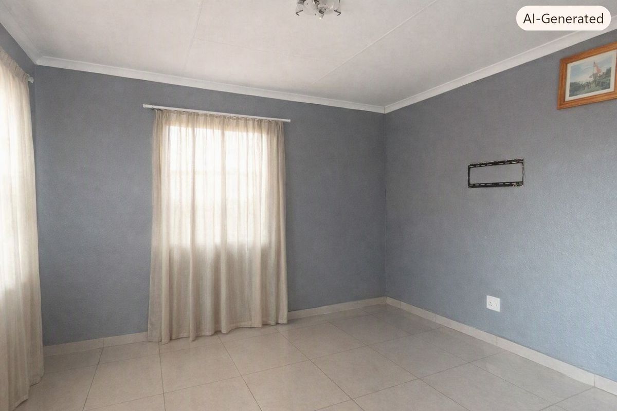 A clean, empty living room featuring neutral grey walls, tiled flooring, and a wall-mounted TV bracket, offering a versatile space for personalization.