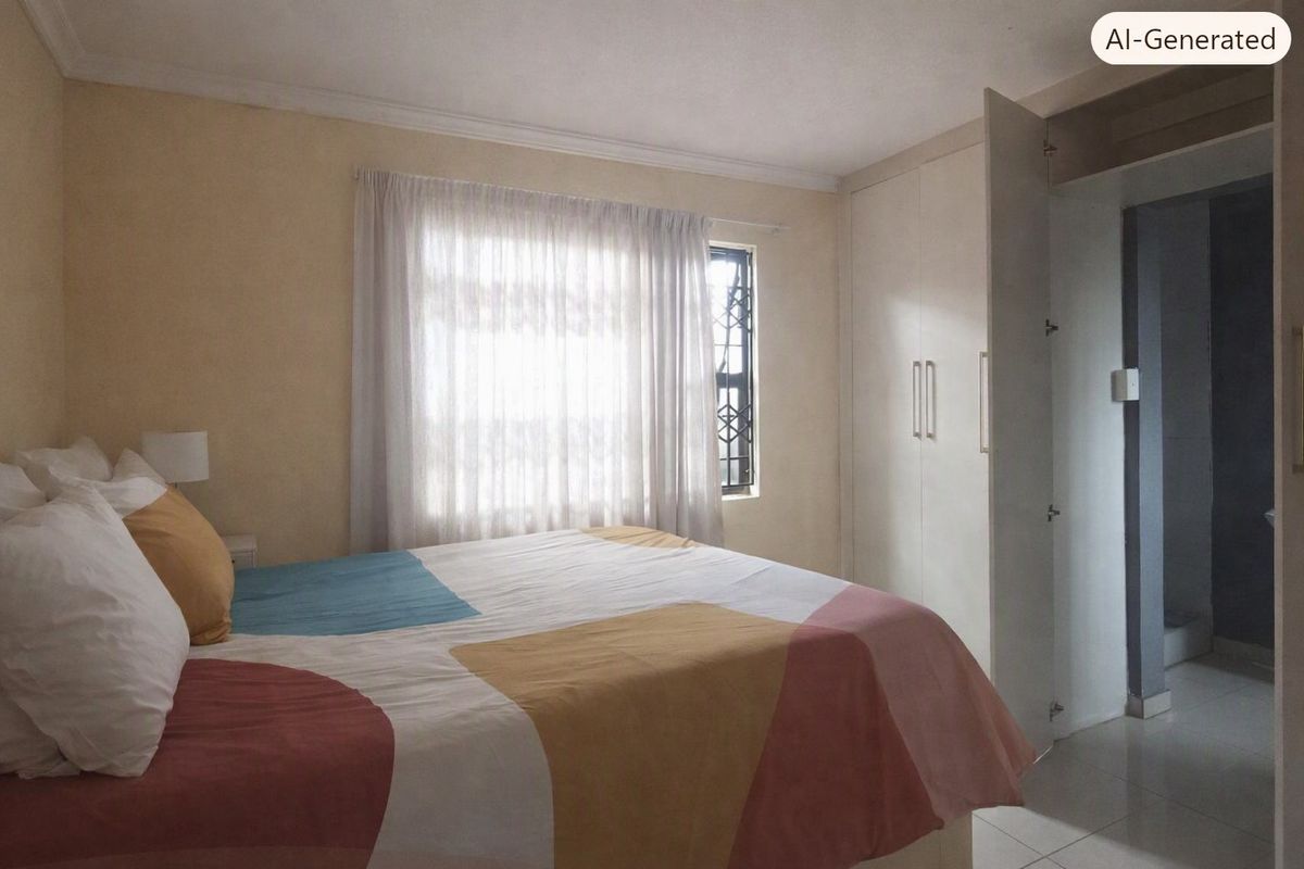 A bedroom featuring built-in cupboards, tiled flooring, and a window fitted with a security gate.