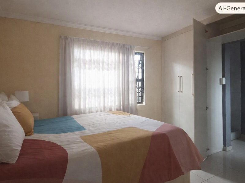 A bedroom featuring built-in cupboards, tiled flooring, and a window fitted with a security gate.