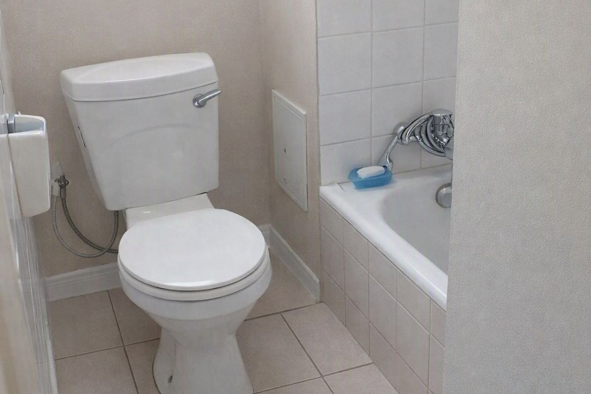A compact bathroom featuring a standard toilet and a bathtub with tiled finishes, offering a functional layout for an apartment.