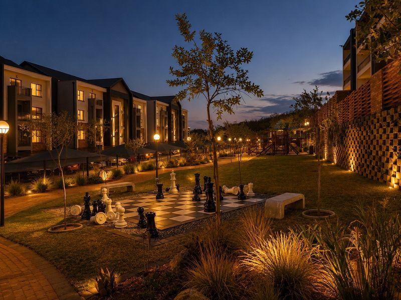 A beautifully landscaped communal garden area featuring a large outdoor chess set, paved walkways, and ambient evening lighting within an apartment complex.