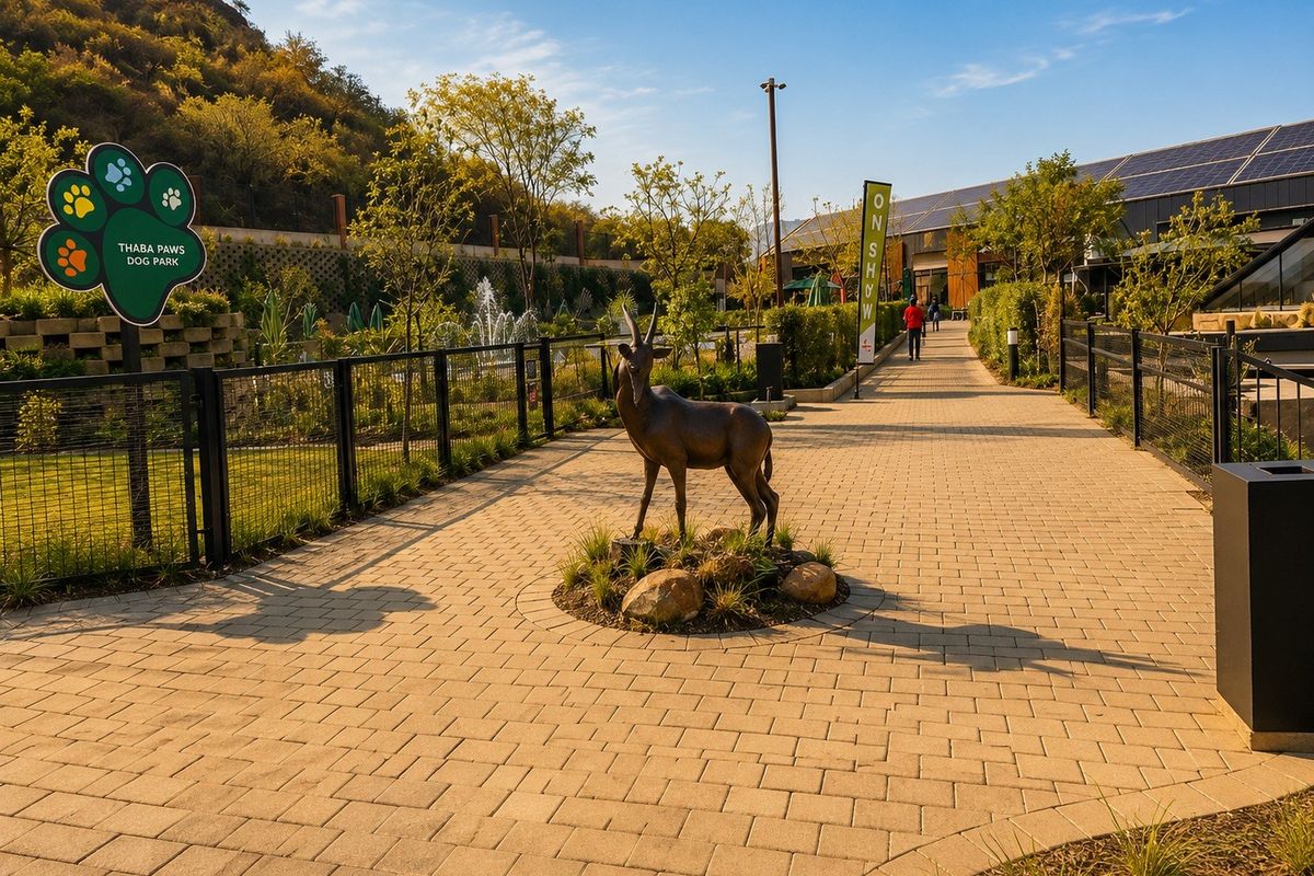 A well-maintained paved walkway leading through a landscaped estate area, featuring a dog park, water feature, and modern building with solar panels.