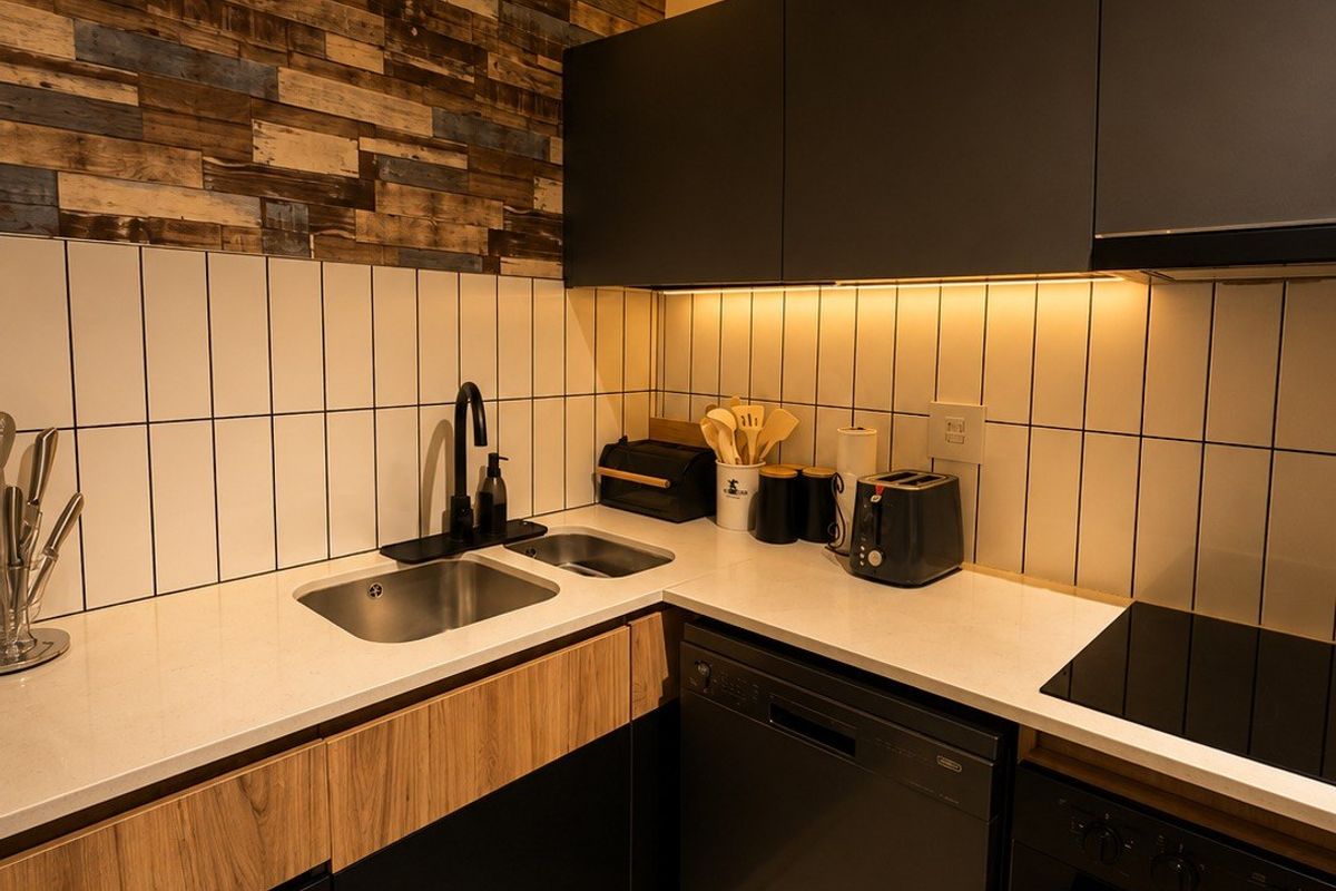 Modern kitchen featuring sleek matte cabinetry, stone countertops, integrated appliances, and a distinctive slatted timber ceiling with ambient LED lighting.