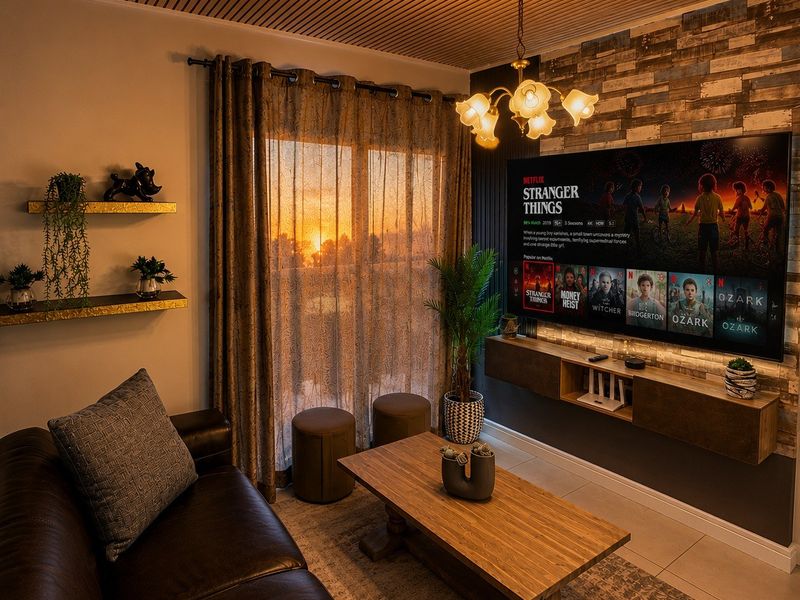 Cozy living room featuring a slatted timber ceiling, feature stone wall with integrated media console, and warm ambient lighting.