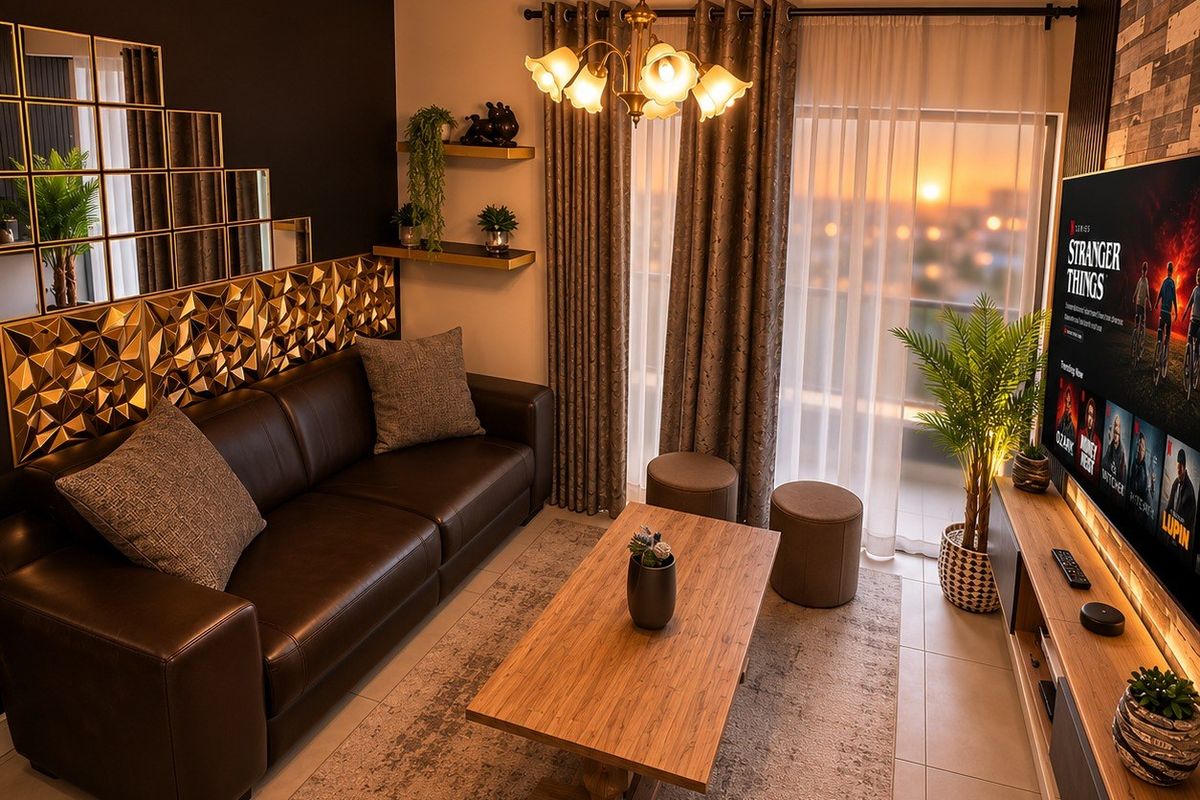 A modern living room featuring a slatted ceiling, decorative wall paneling, mirrored accents, and large sliding glass doors leading to a balcony.