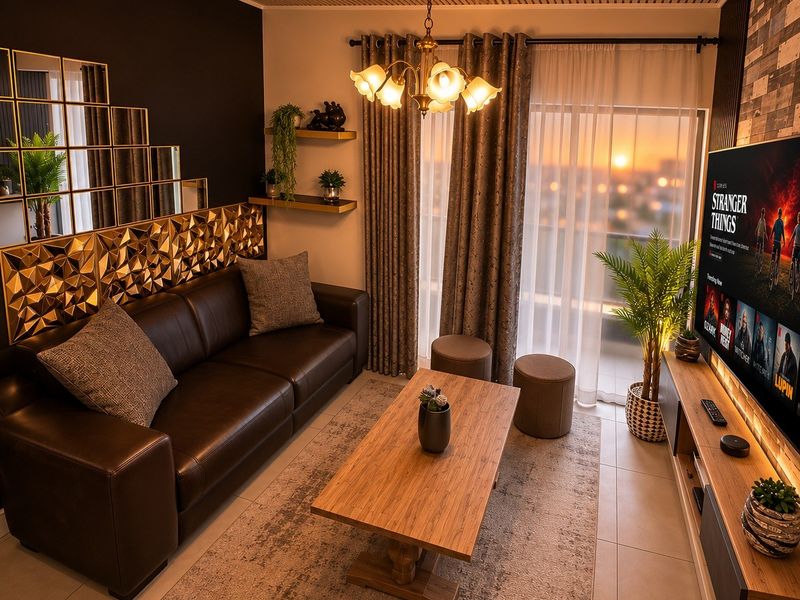 A modern living room featuring a slatted ceiling, decorative wall paneling, mirrored accents, and large sliding glass doors leading to a balcony.