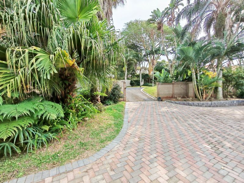 A well-maintained paved driveway leading to the property entrance, surrounded by established tropical landscaping and a brick boundary wall.