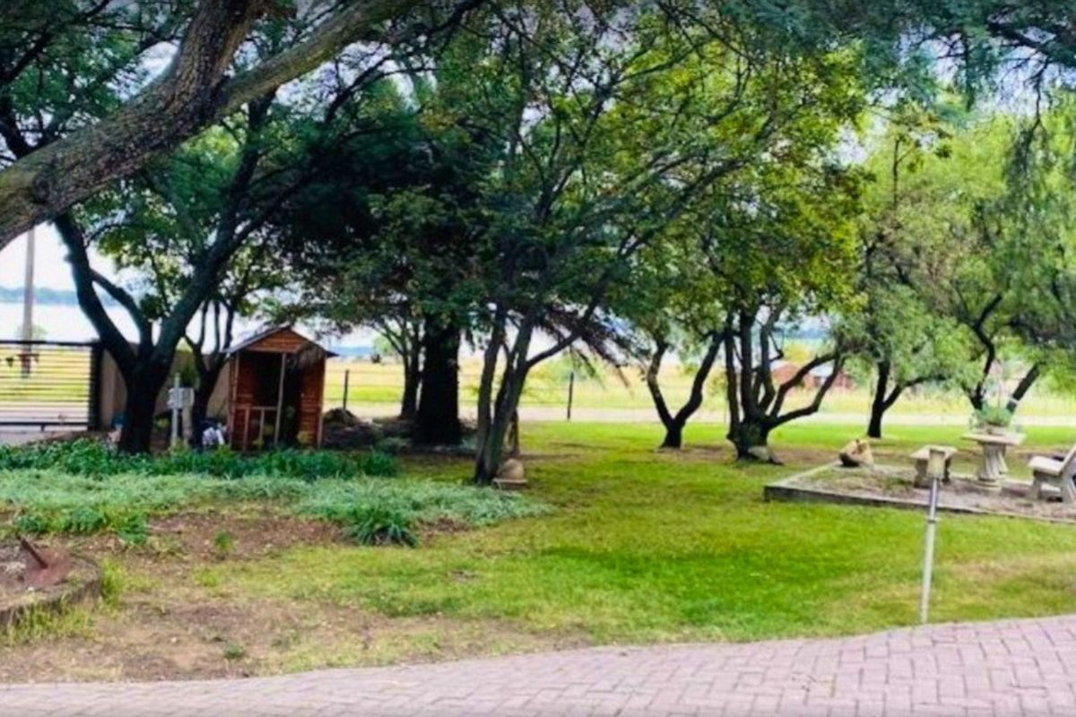 A spacious garden area featuring mature trees, a paved driveway, and established landscaping with perimeter fencing.