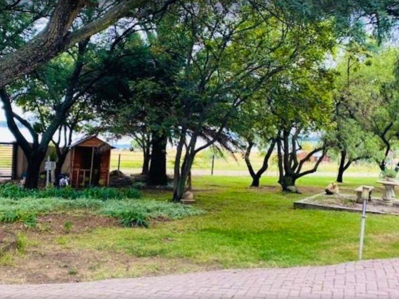 A spacious garden area featuring mature trees, a paved driveway, and established landscaping with perimeter fencing.