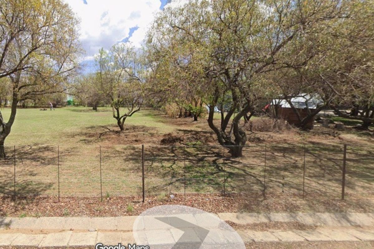 A large, open garden area featuring mature trees and a wire mesh perimeter fence, viewed from the street.