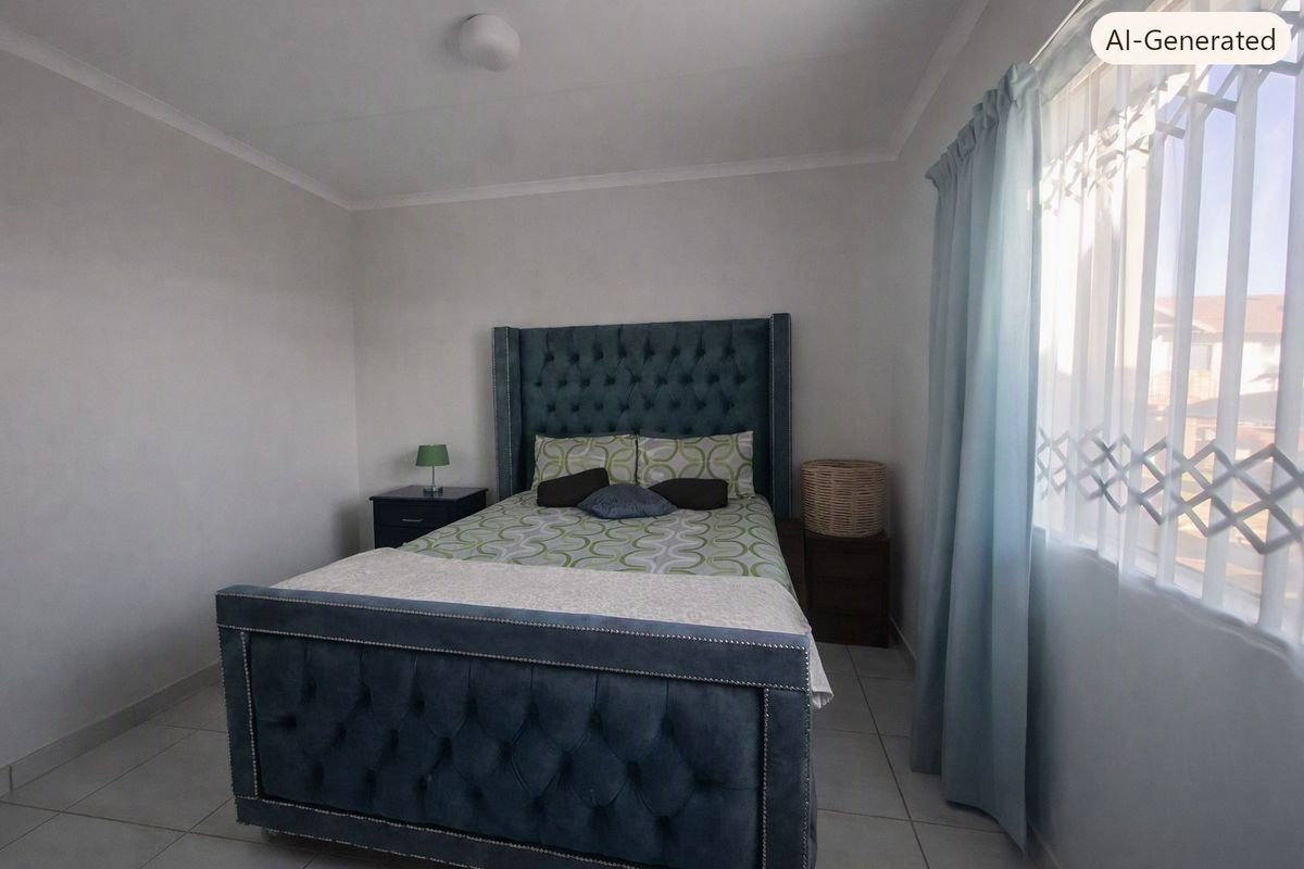 A functional bedroom featuring tiled flooring and a window fitted with security bars, providing a clean and simple living space.