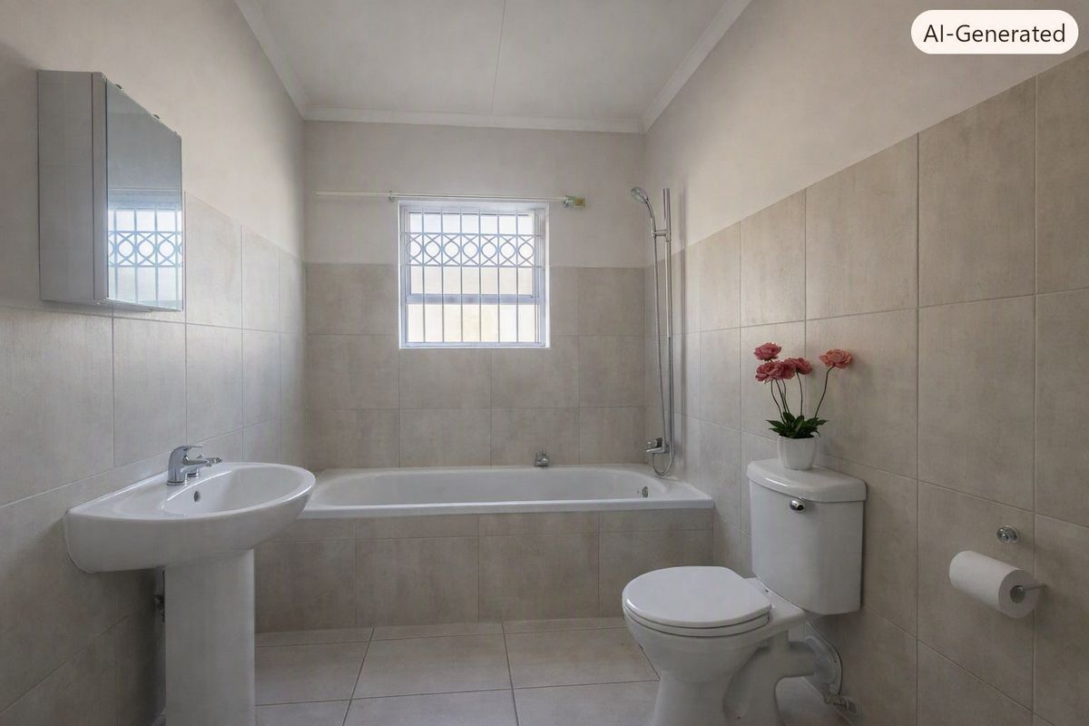 A clean, functional bathroom featuring a pedestal basin, bathtub with shower mixer, and tiled finishes throughout.