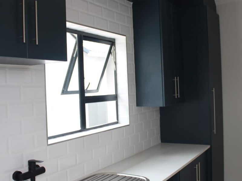 Modern kitchen featuring dark cabinetry, white subway tile backsplash, stainless steel double sink with black mixer tap, and recessed lighting.