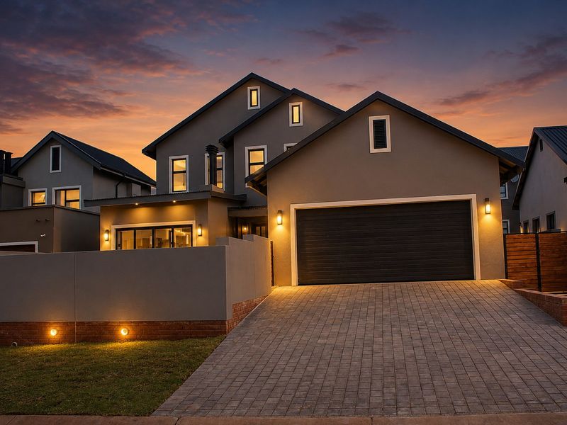 Modern double-story residential property featuring a paved driveway, integrated double garage, and contemporary exterior lighting at dusk.