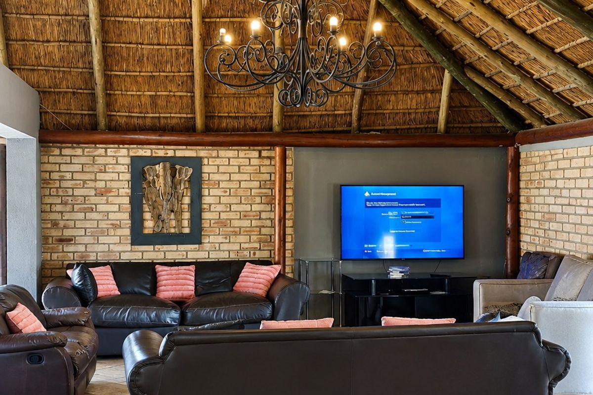 Spacious living room featuring a high vaulted thatched ceiling with exposed timber rafters, exposed brick walls, and ceramic tiled flooring.