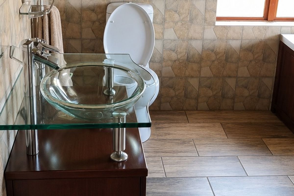 A bathroom featuring a glass vessel sink on a dark wood vanity, a toilet, and decorative wall tiling with wood-look floor tiles.