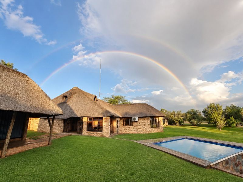 A rear exterior view of a thatched-roof house featuring a swimming pool, expansive lawn, and a covered patio area under a double rainbow.