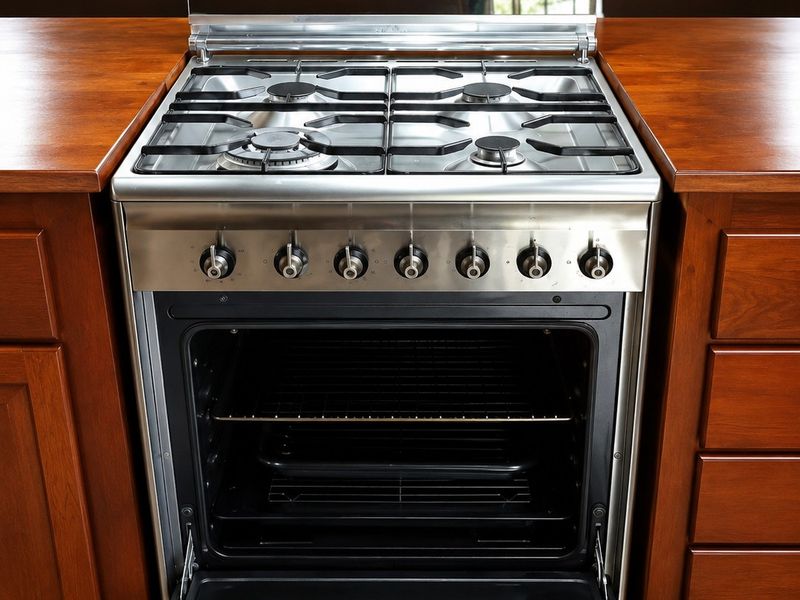 A well-maintained kitchen featuring a stainless steel gas stove and oven set within warm-toned wooden cabinetry and countertops.