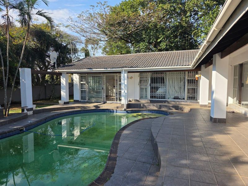 Outdoor pool area featuring a tiled patio, concrete pillars, and a swimming pool requiring maintenance.