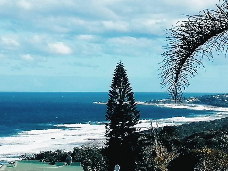 A scenic elevated view overlooking the coastline, featuring ocean waves, coastal vegetation, and a clear horizon.