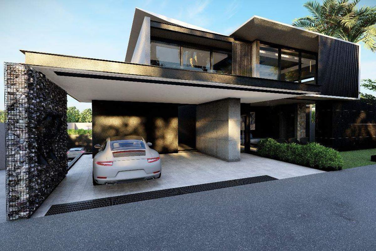 A modern architectural front elevation featuring a striking gabion wall, covered carport, and contemporary design elements.