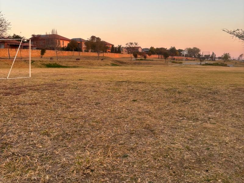 An open communal sports field featuring a soccer goal post and basketball hoop, set within a residential estate environment.