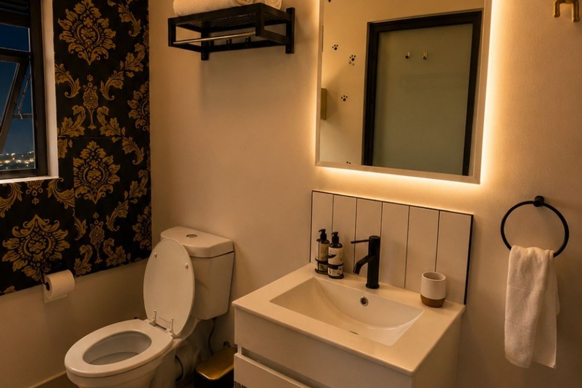 Modern bathroom featuring a wall-mounted vanity, backlit mirror, ceramic toilet, and decorative wallpaper accent wall.