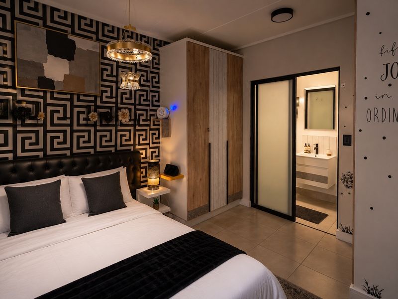A modern bedroom featuring a built-in wardrobe, tiled flooring, and an en-suite bathroom with a vanity basin, presented in a well-maintained condition.