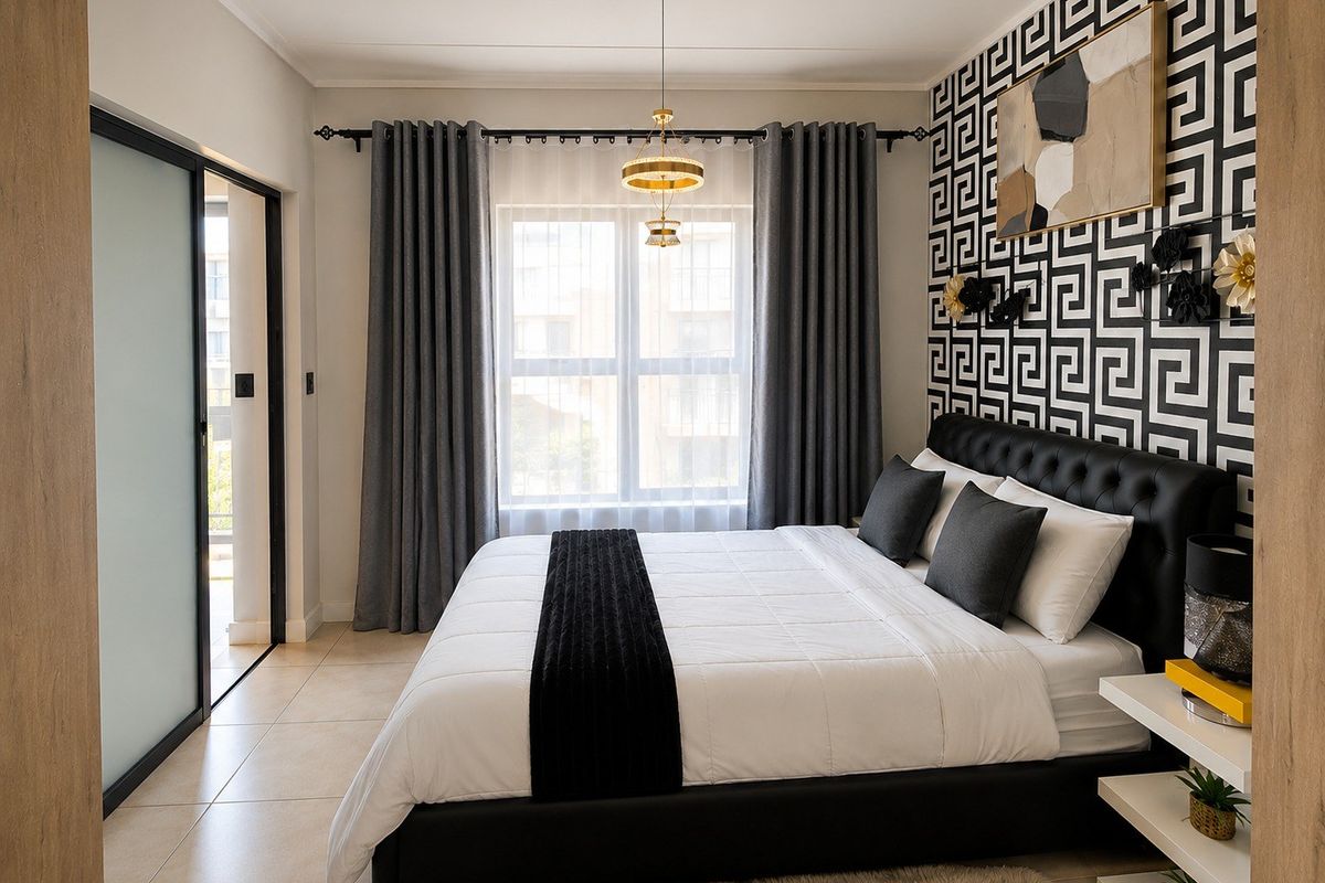 A well-maintained bedroom featuring tiled flooring, a modern pendant light, and a sliding glass door providing access to an outdoor area.