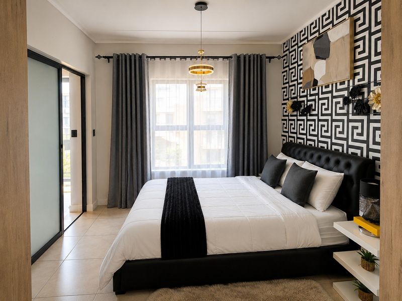 A well-maintained bedroom featuring tiled flooring, a modern pendant light, and a sliding glass door providing access to an outdoor area.