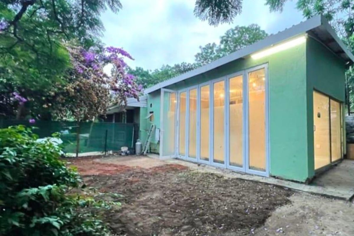 Rear view of the property featuring a green exterior facade with modern bi-fold glass doors and external lighting, set against an unfinished garden area.
