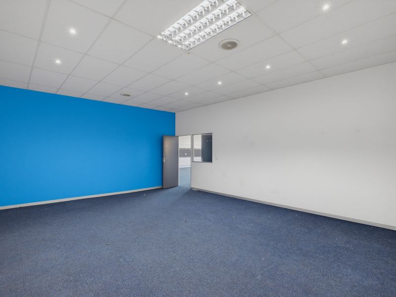 An empty, open-plan office space featuring a suspended ceiling, recessed lighting, and blue accent wall, suitable for a variety of commercial business uses.