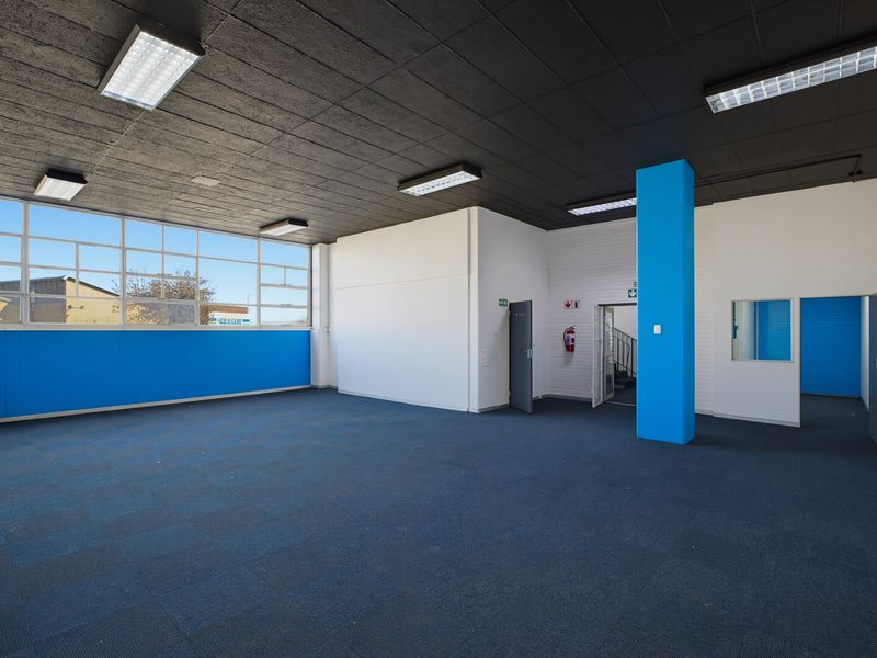 Spacious open-plan industrial office area featuring large windows, carpeted flooring, and modern fluorescent lighting, suitable for a versatile workspace.