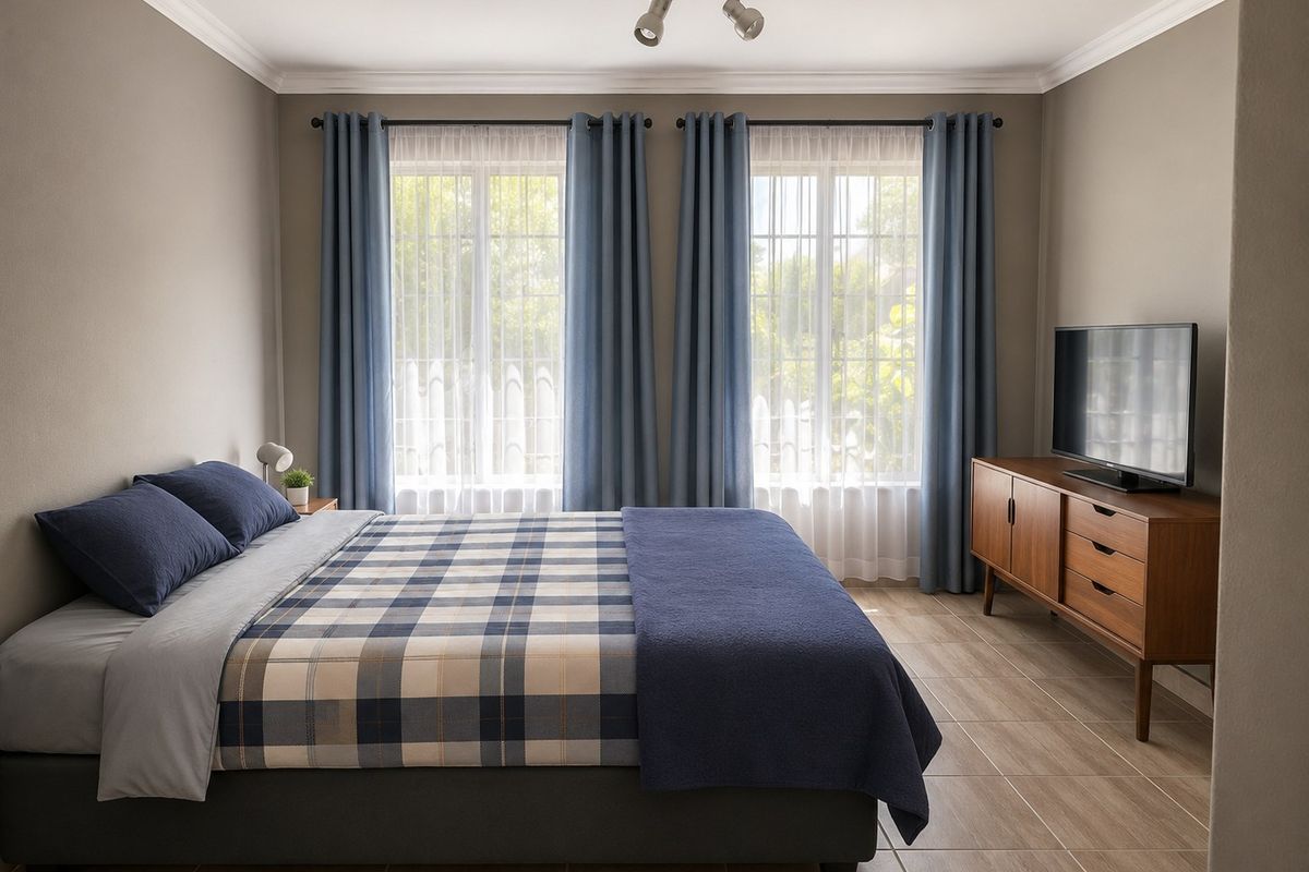 A well-maintained bedroom featuring tiled flooring, crown molding, and dual windows with natural light.