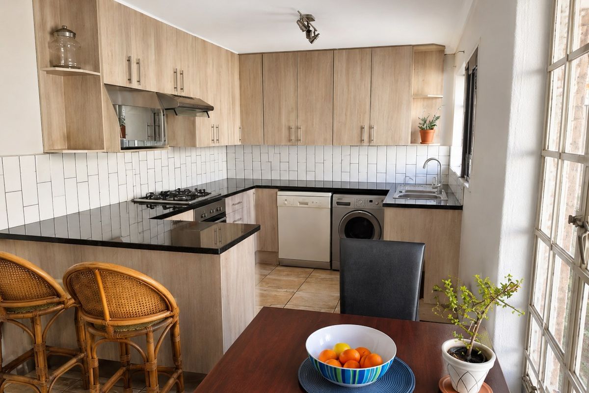 Modern kitchen featuring light wood-tone cabinetry, black granite countertops, subway tile backsplash, and integrated gas hob with extractor fan.