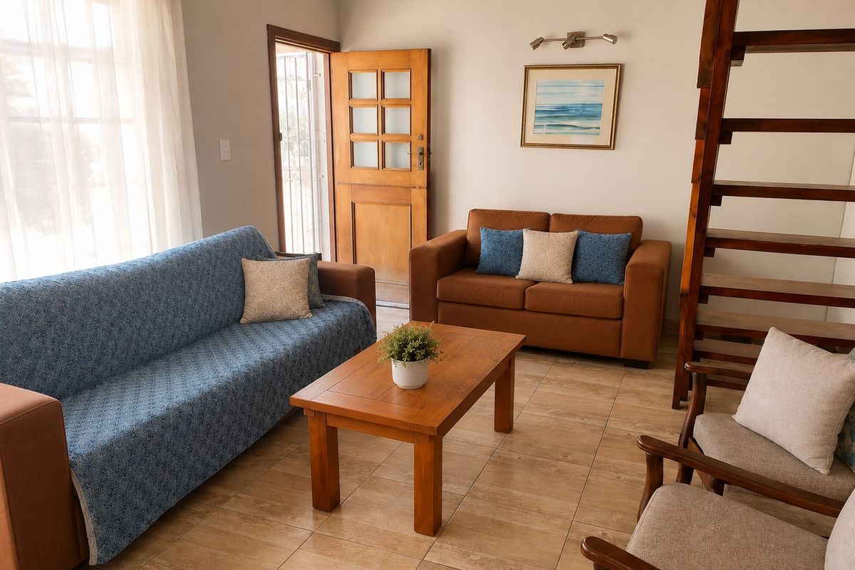 A cozy living room featuring tiled flooring, a wooden staircase, and a timber entrance door, providing a warm and functional living space.