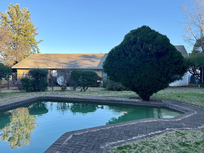 Rear garden area featuring a swimming pool with brick paved surround and a view of the rear building elevation.