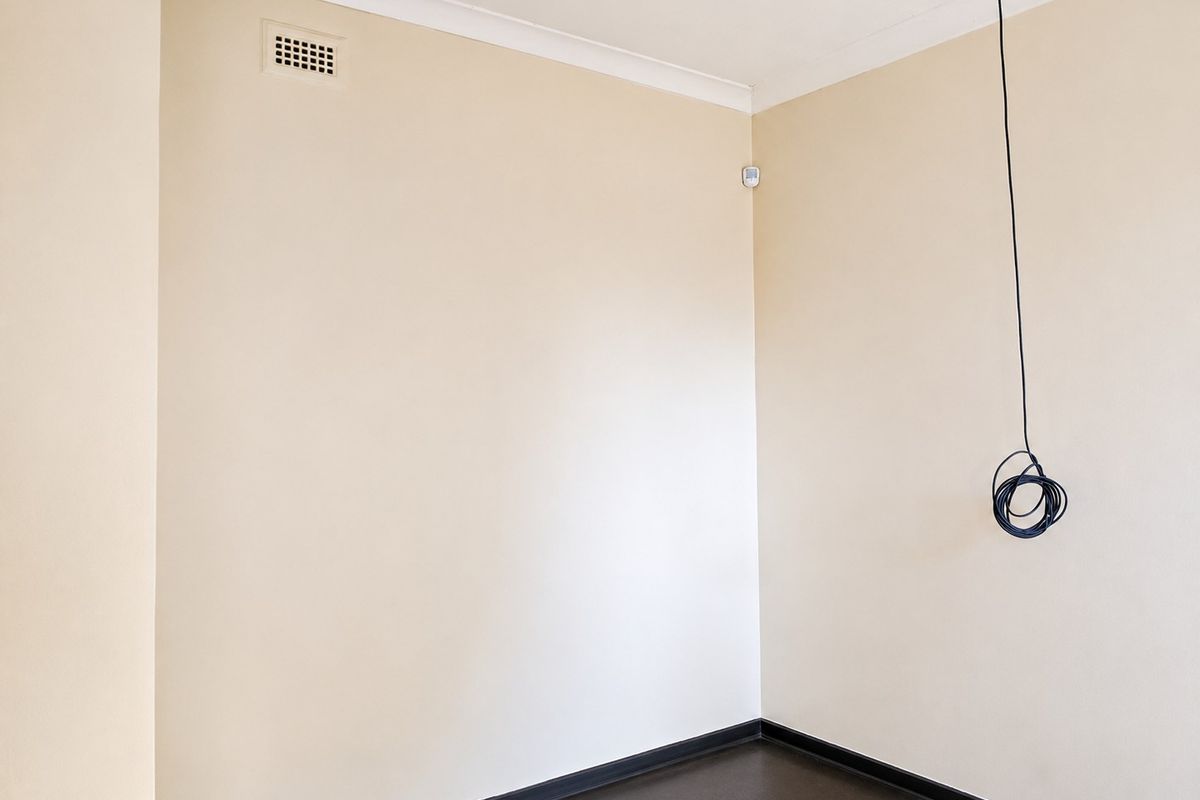 An empty room featuring neutral wall paint, dark flooring, and coving, with exposed electrical wiring hanging from the ceiling.